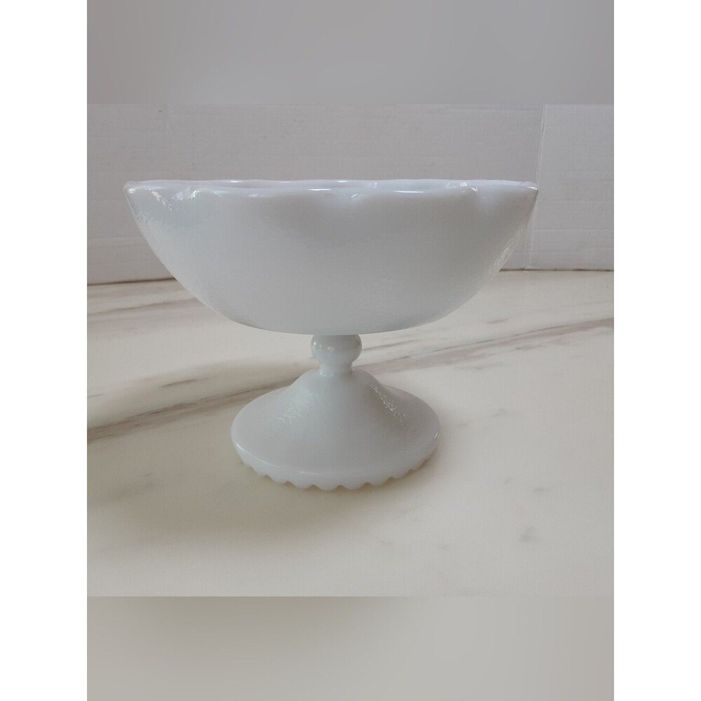 White Milk Glass Scalloped Edge Pedestal Compote Dish -Vtg
